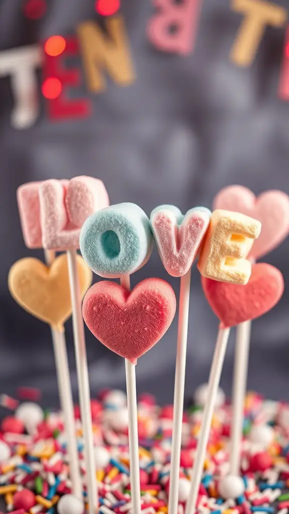 Colorful marshmallow pops with heart and letter shapes, decorated with sprinkles.