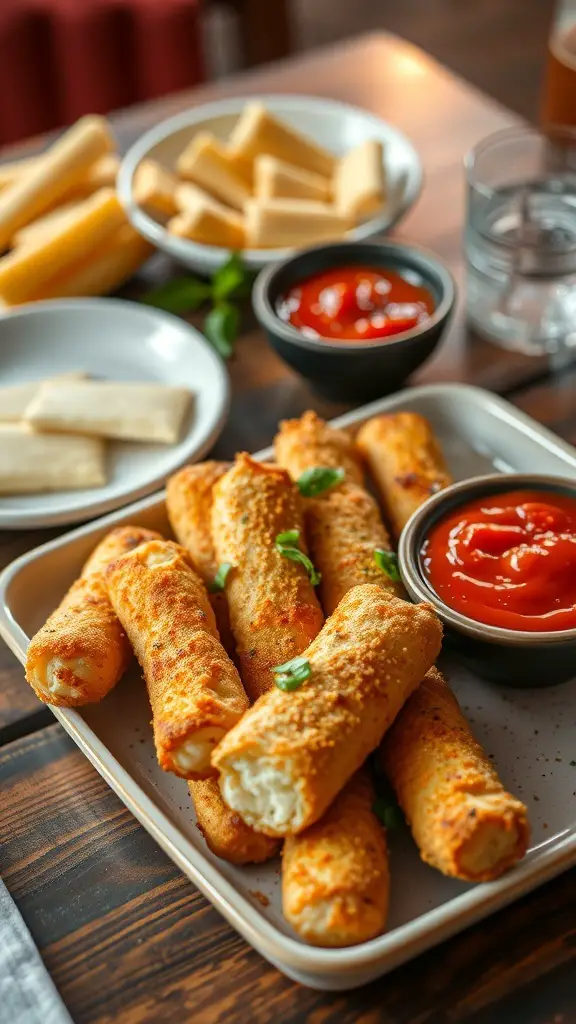 A plate of baked mozzarella sticks with marinara sauce and cheese sticks in the background.