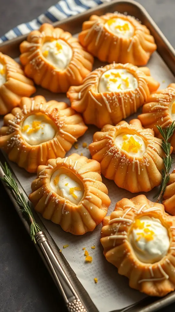 A tray of sfogliatelle pastries filled with cream and topped with orange zest.