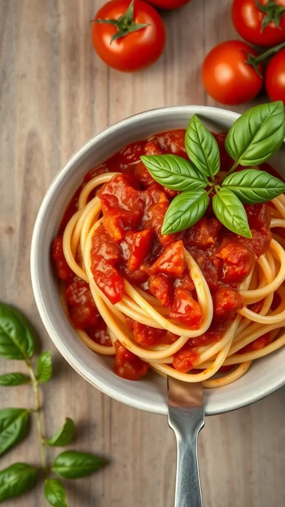 Bowl of heart-shaped pasta with tomato sauce and fresh basil on a wooden table