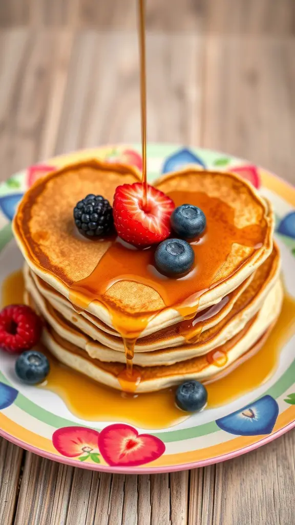 Heart-shaped pancakes topped with berries and syrup on a colorful plate