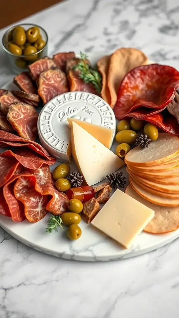 A beautifully arranged Dubliner cheese and charcuterie board featuring various meats, cheeses, olives, and garnishes.