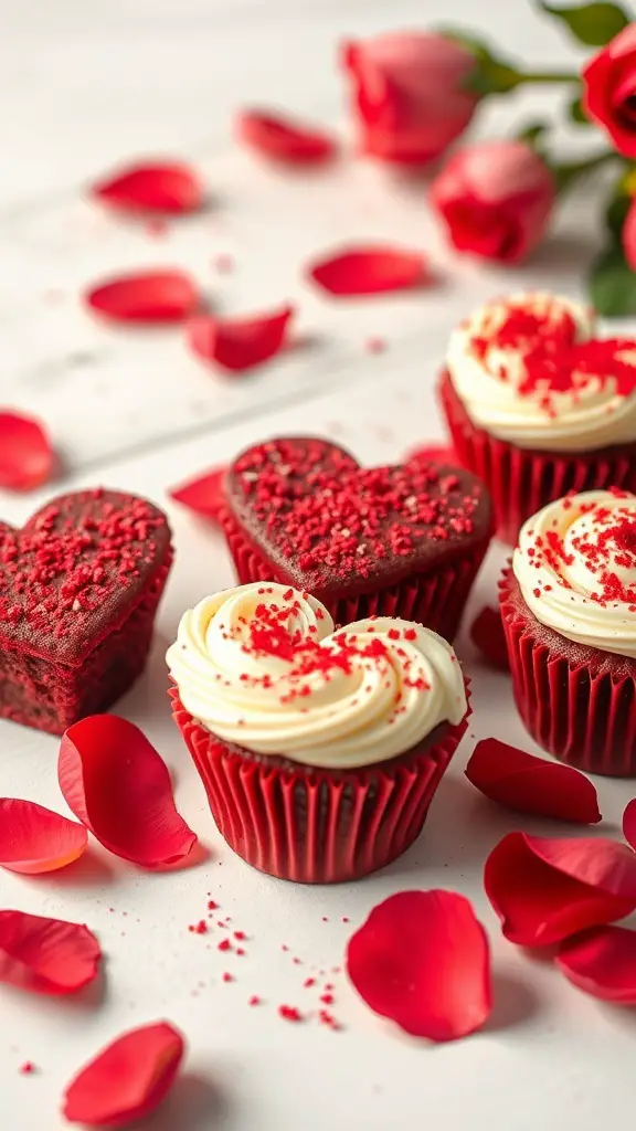 Heart-shaped red velvet cupcakes decorated with frosting and red sugar, surrounded by rose petals.