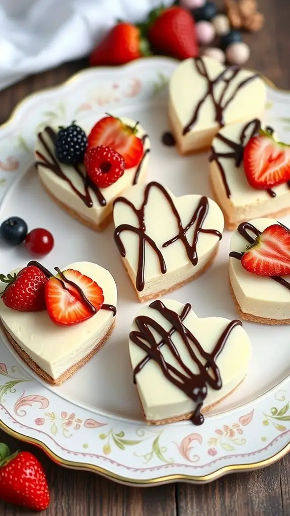 Heart-shaped cheesecakes topped with strawberries and chocolate drizzle on a decorative plate.
