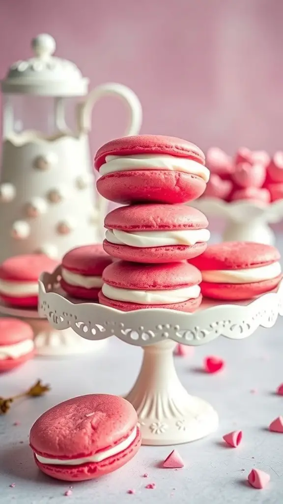Pink Velvet Whoopie Pies on a decorative stand with a soft pink background.