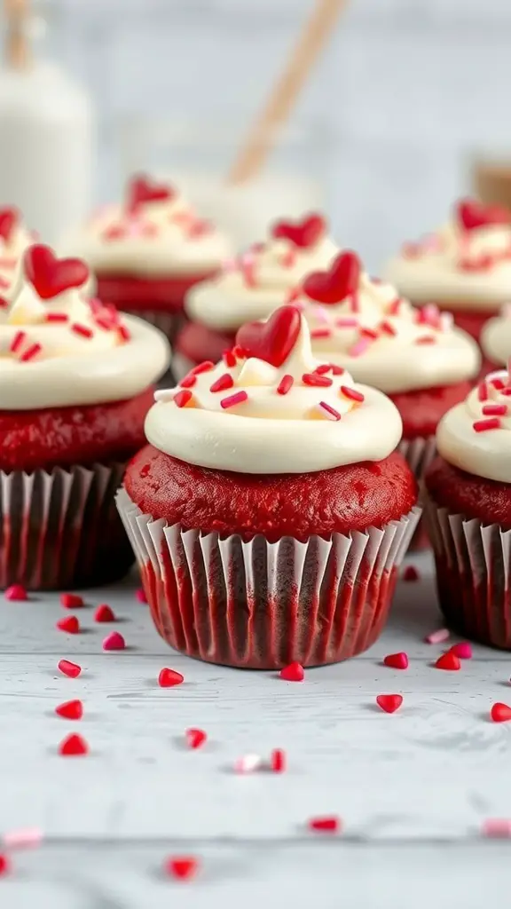 Red velvet cupcakes with cream cheese frosting and heart-shaped sprinkles