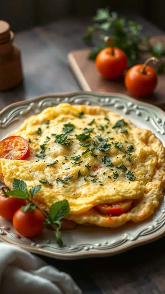 A fluffy omelette with fresh herbs and cherry tomatoes on a decorative plate.