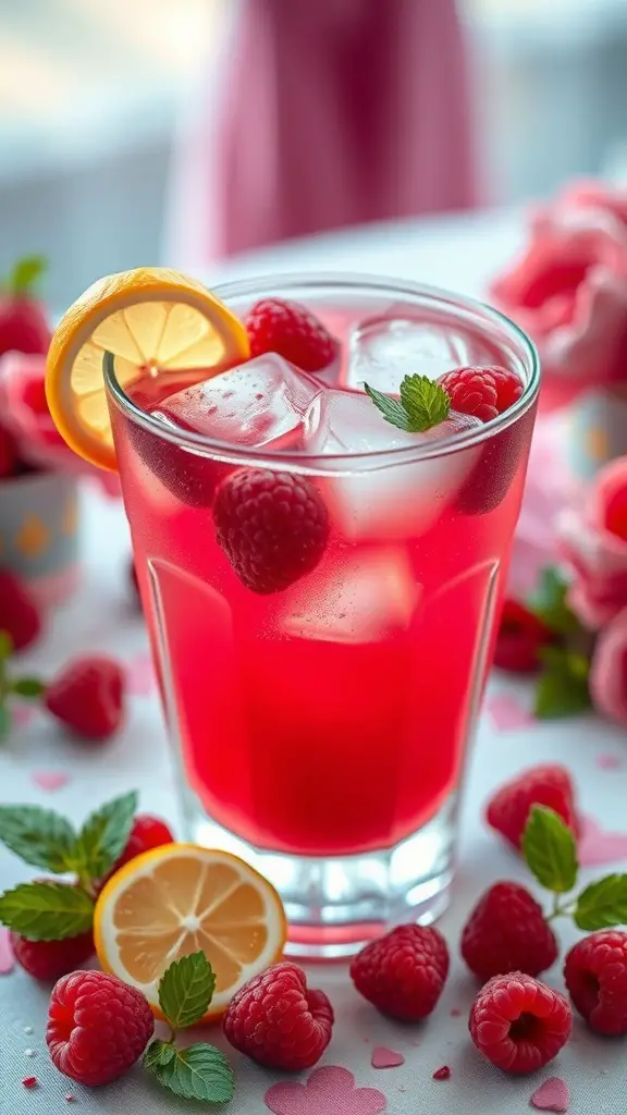 A glass of Heart-Shaped Raspberry Lemonade with raspberries and lemon slices