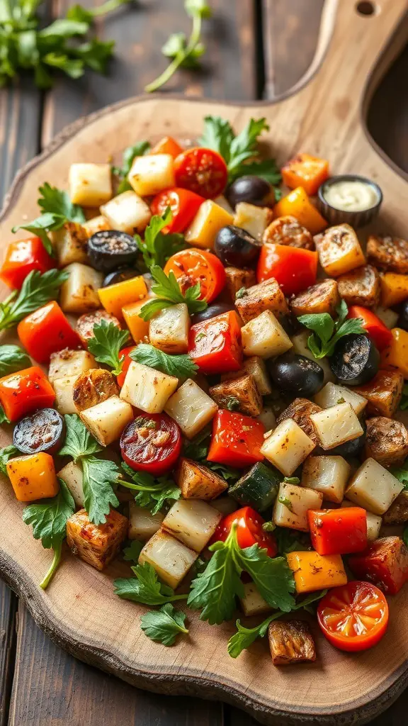 A colorful roasted vegetable salad featuring bell peppers, cherry tomatoes, and potatoes on a wooden platter.