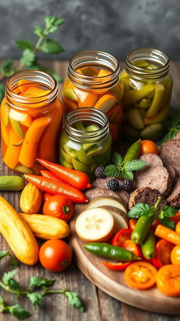 Colorful pickled vegetables in jars with fresh vegetables on a wooden table