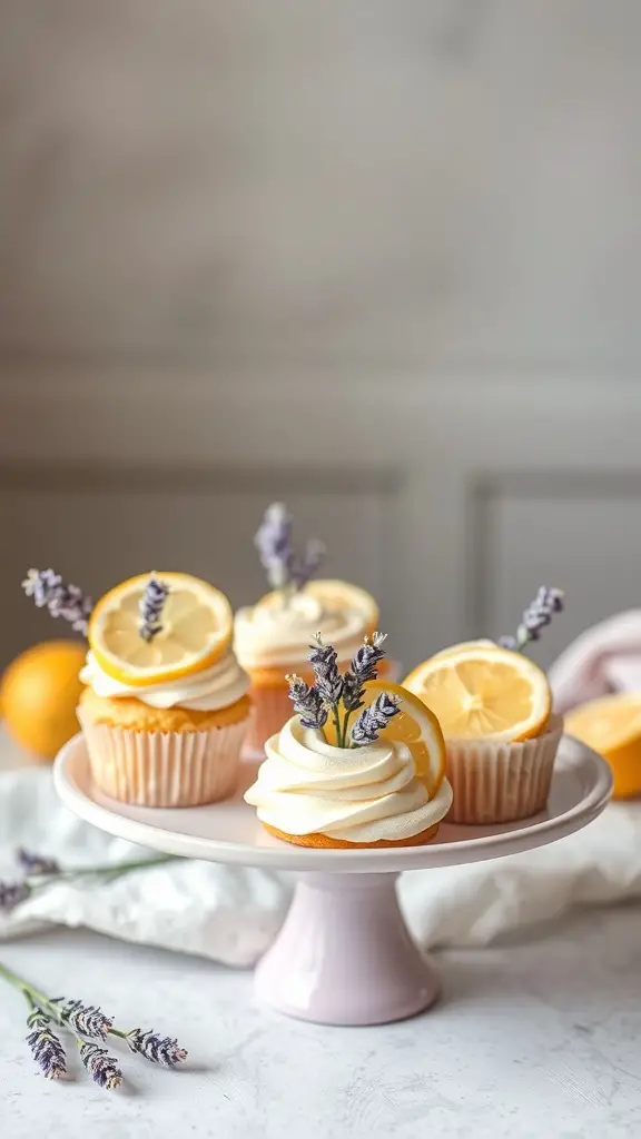 Lavender Lemonade Cupcakes with lemon slices and lavender sprigs on a cake stand