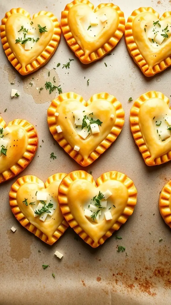 Savory puff pastry hearts filled with creamy filling and topped with herbs