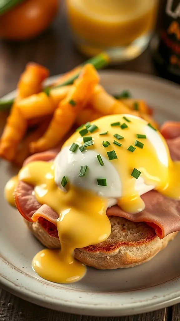 A plate of Eggs Benedict with hollandaise sauce, garnished with chives and served with crispy fries.