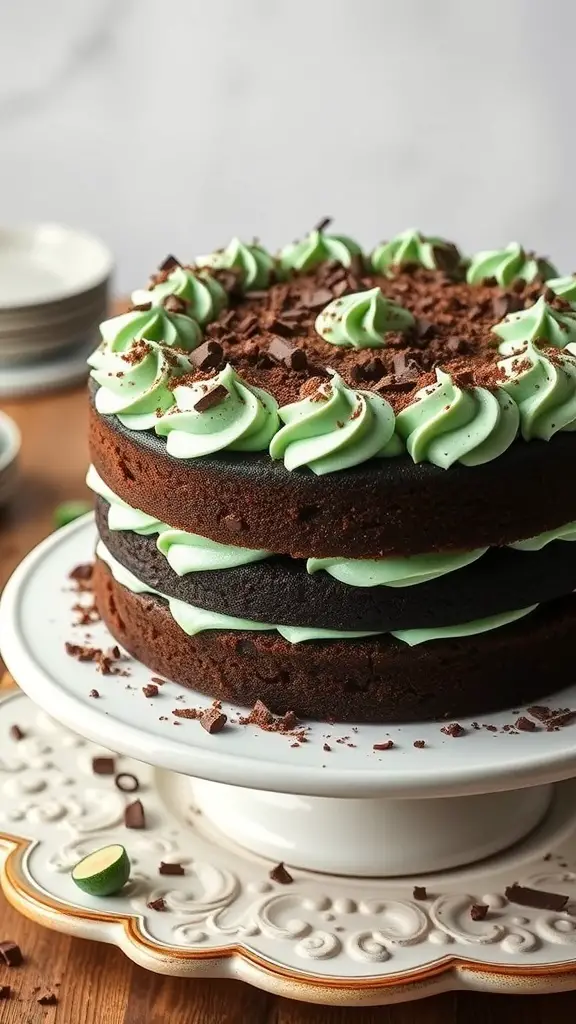 A delicious Chocolate Mint Spring Cake with layers of chocolate and mint frosting, topped with chocolate shavings.
