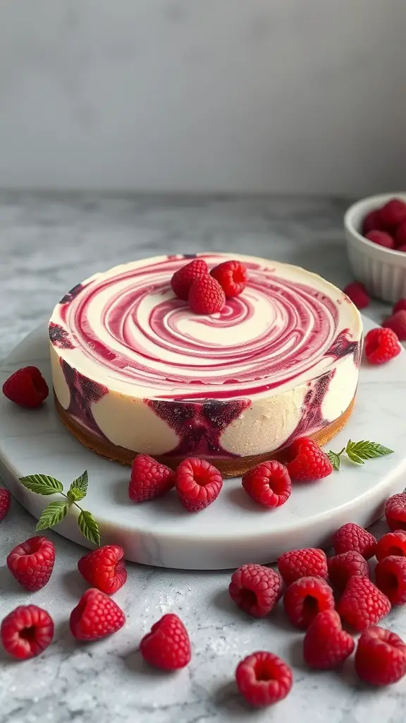 A beautifully decorated raspberry swirl cheesecake topped with fresh raspberries on a marble serving plate.