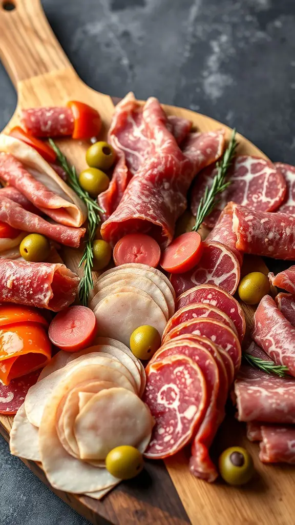 A wooden grazing board filled with assorted cured meats, olives, and pickled vegetables.
