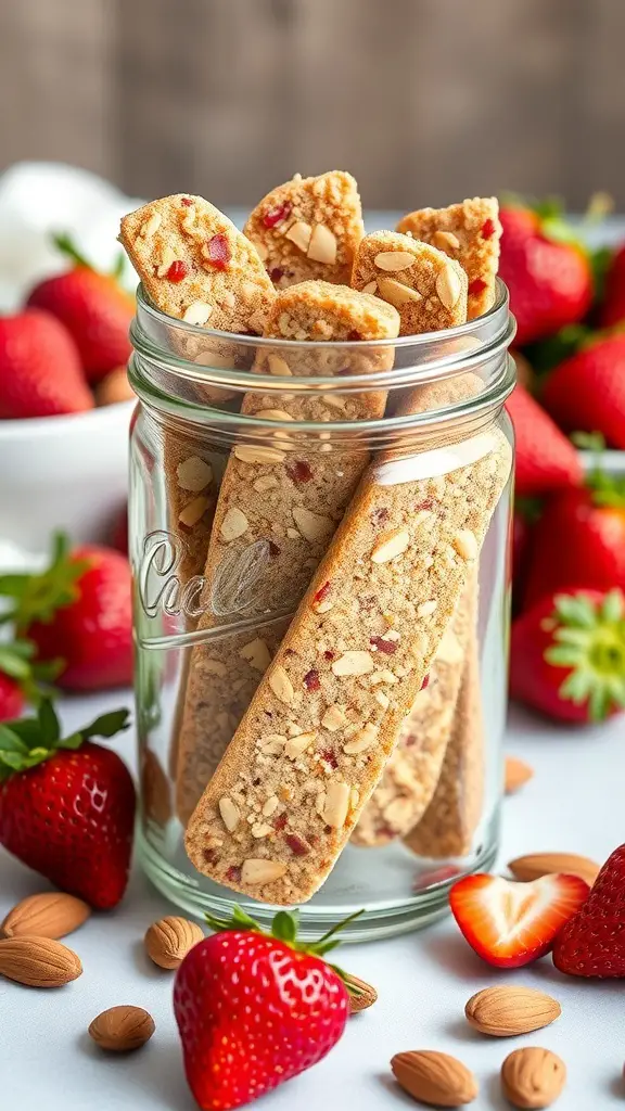 A jar filled with strawberry almond biscotti, surrounded by fresh strawberries and almonds.