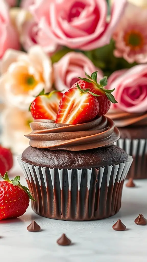 Chocolate Strawberry Delight cupcakes with fresh strawberries on top, surrounded by flowers.
