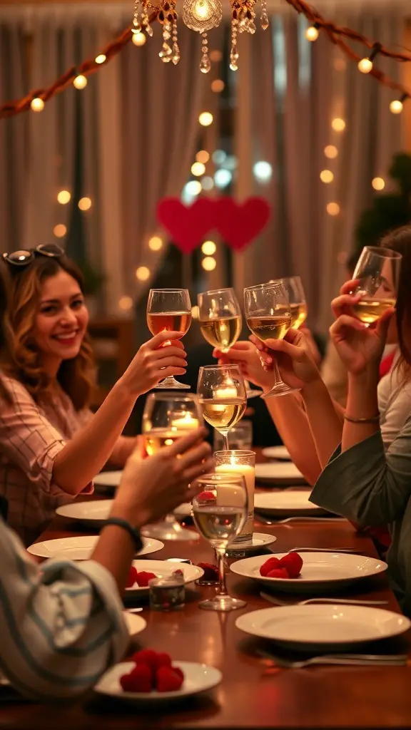 A group of friends toasting with glasses at a dinner party, surrounded by candles and decorations.