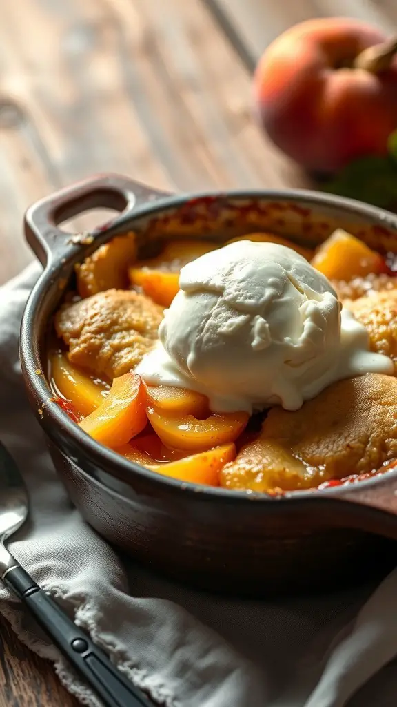 A warm peach cobbler topped with vanilla ice cream in a baking dish.