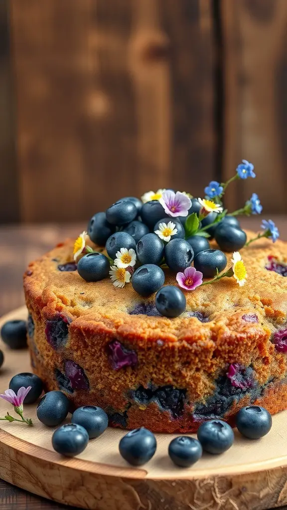 A blueberry wildflower cake topped with fresh blueberries and wildflowers on a wooden board.