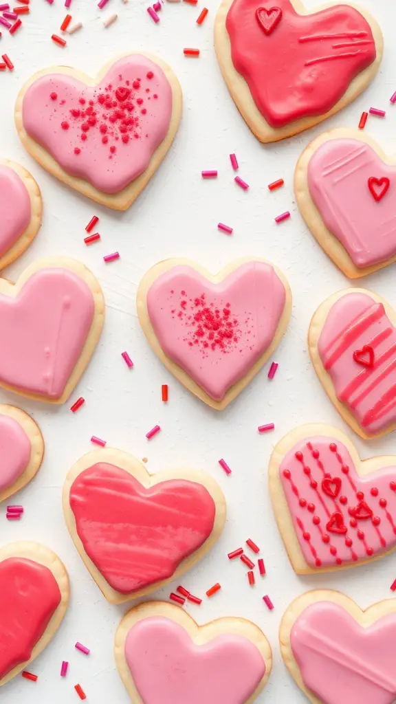 A variety of heart-shaped sugar cookies decorated with pink and red icing and sprinkles.