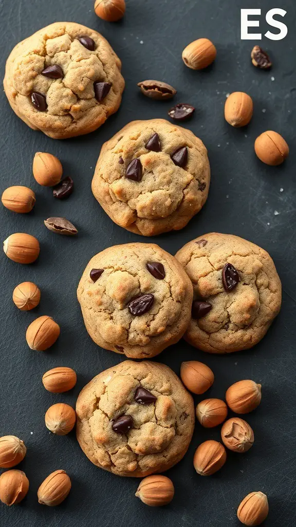 A plate of hazelnut cookies with cocoa nibs surrounded by hazelnuts.