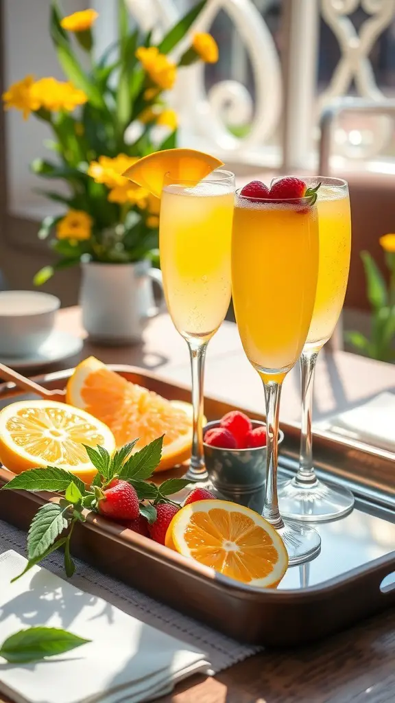 Three mimosas garnished with fresh fruit on a tray, with orange slices and a bouquet of yellow flowers in the background.