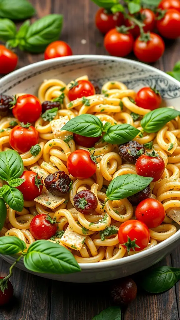 A bowl of pesto pasta salad with cherry tomatoes and fresh basil on a wooden table.
