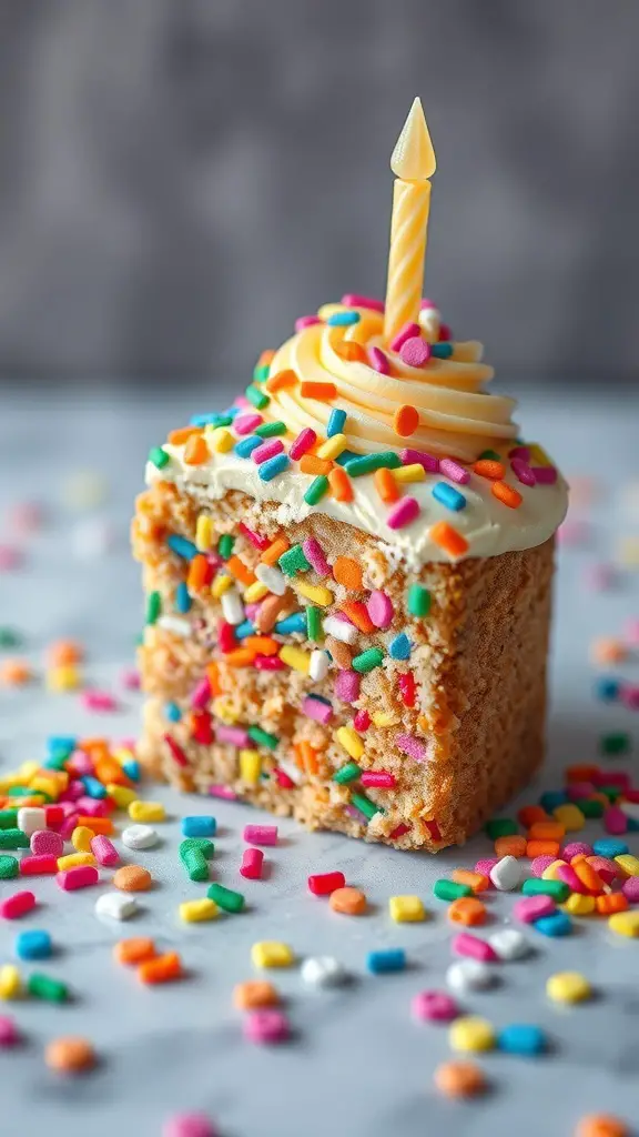 A colorful bento birthday cake with sprinkles and a candle on top.