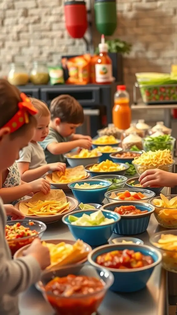 Kids enjoying a taco bar with various toppings and ingredients