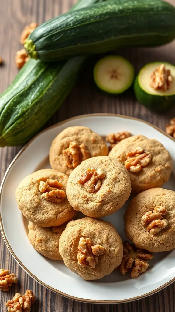 A plate of zucchini cookies topped with walnuts, surrounded by fresh zucchinis.