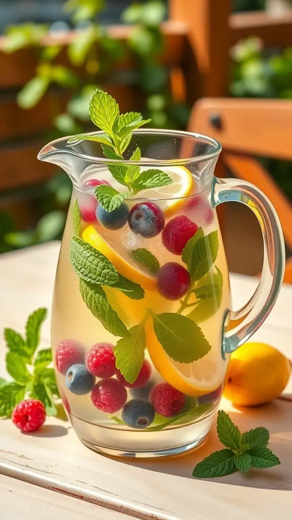 A pitcher of lemonade with fresh mint and berries on a table