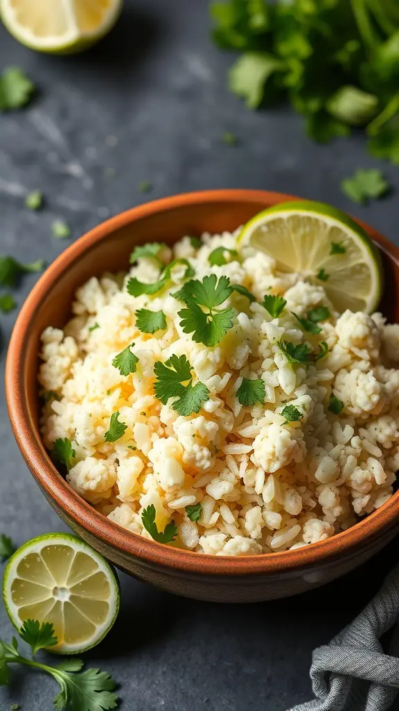 A bowl of zesty cilantro lime cauliflower rice garnished with lime slices and fresh cilantro.