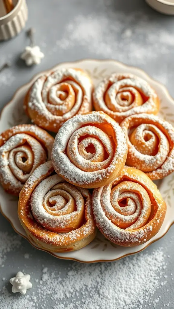 A plate of cinnamon roll roses dusted with powdered sugar.