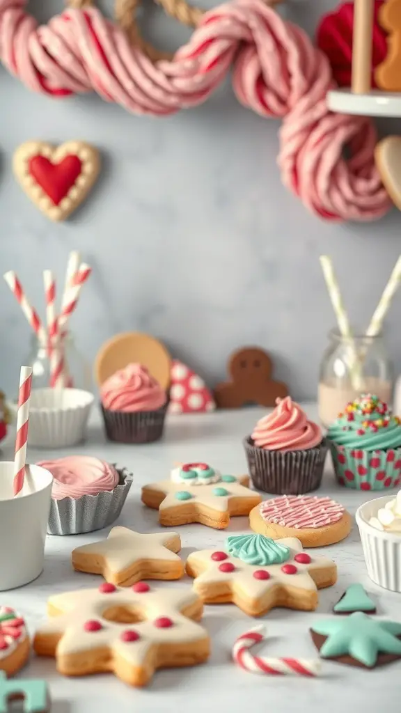 A colorful display of decorated cookies and cupcakes on a table, perfect for a kids birthday party.