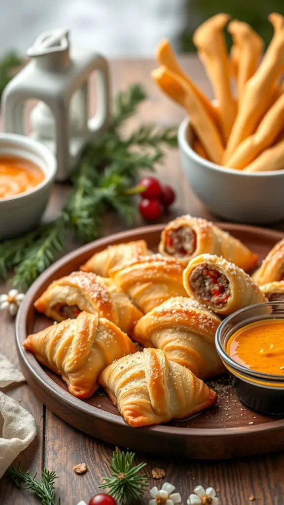 A platter of golden curry Irish sausage rolls with a dipping sauce and breadsticks in the background.