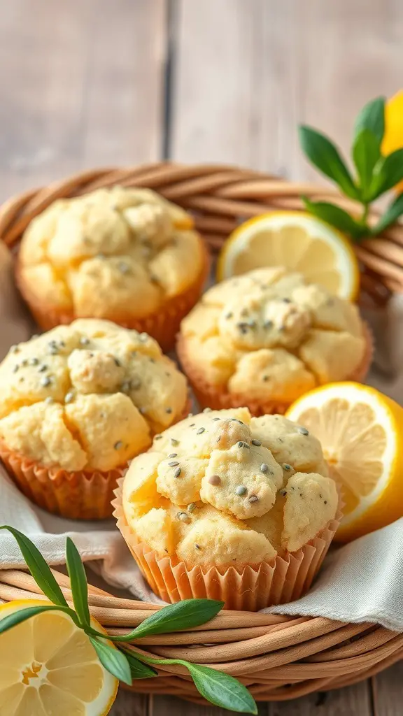 A basket of lemon poppy seed muffins with lemon slices and green leaves