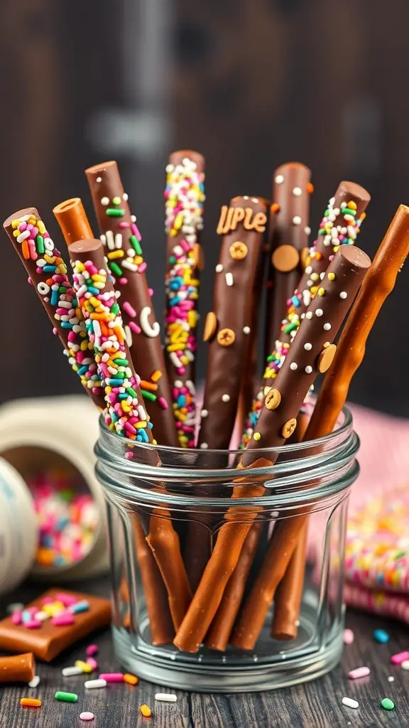 A jar filled with chocolate-dipped pretzel rods decorated with colorful sprinkles.