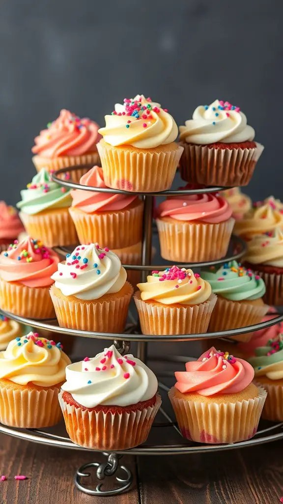 A tiered stand filled with colorful mini cupcakes topped with frosting and sprinkles.
