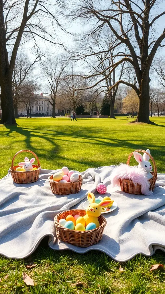 A picnic setup with baskets of colorful Easter eggs and bunny decorations on a blanket in a sunny park.