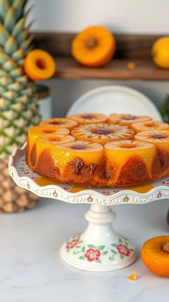 A pineapple upside down cake on a decorative stand, surrounded by fresh pineapples.