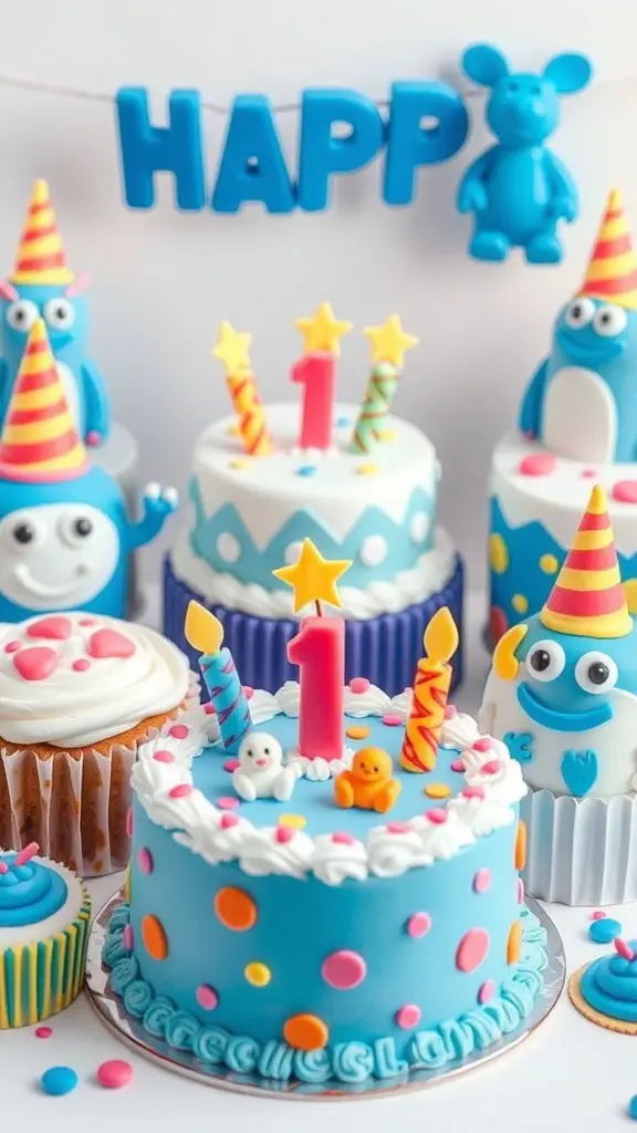 A colorful Bluey-themed birthday cake display featuring a main cake with polka dots, candles, and playful decorations.