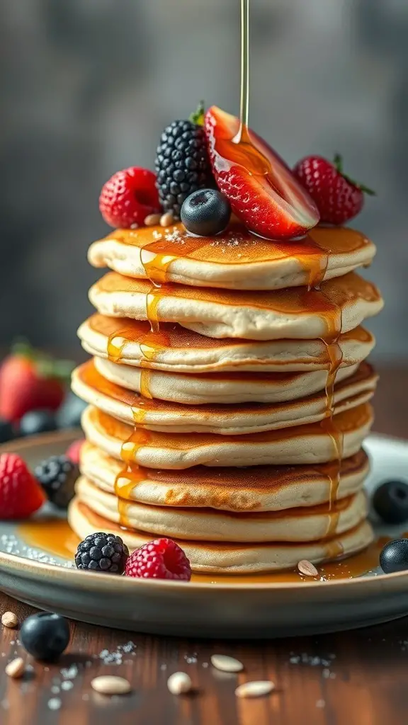 A stack of almond flour pancakes topped with fresh berries and syrup.