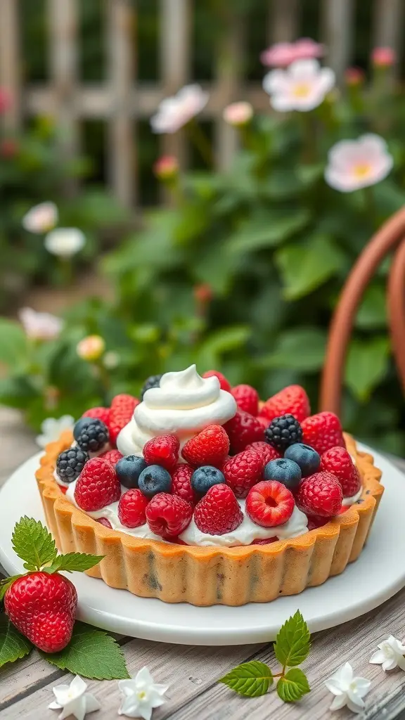 A berry tart topped with whipped cream, surrounded by fresh berries and flowers.