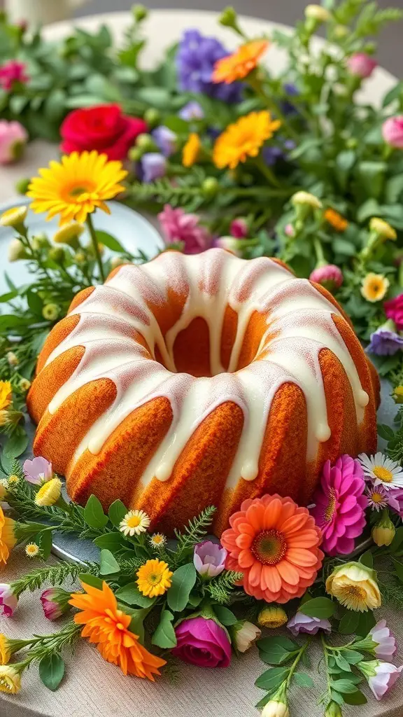 A beautifully decorated bundt cake surrounded by colorful flowers.
