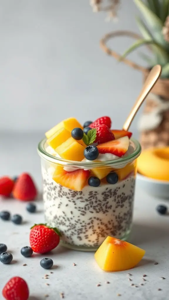A jar of coconut chia seed pudding topped with mango, strawberries, blueberries, and mint leaves.