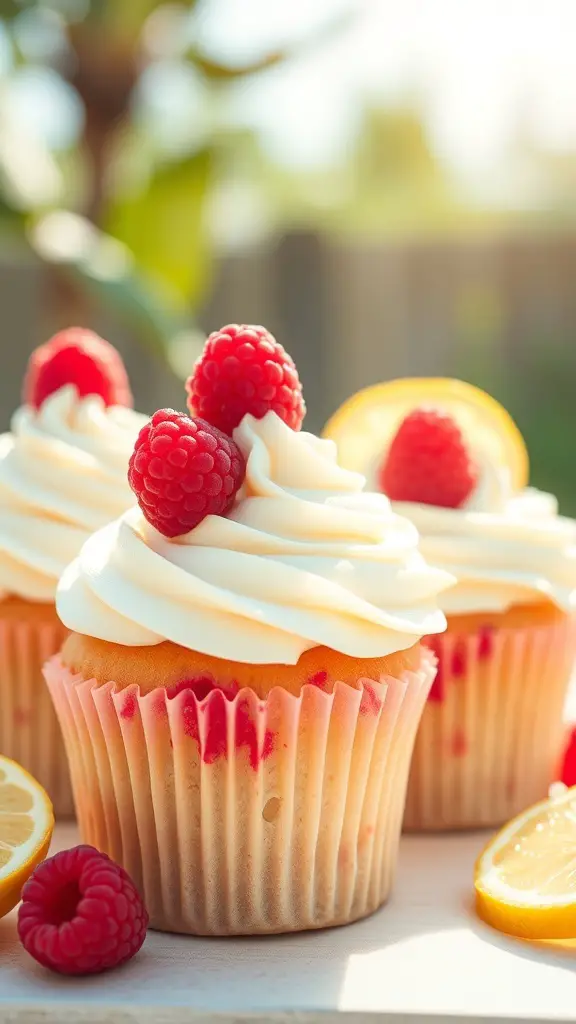 Delicious raspberry lemonade cupcakes with frosting and fresh raspberries on top