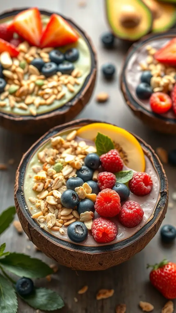 Colorful vegan smoothie bowls in coconut shells topped with fresh fruits and granola.