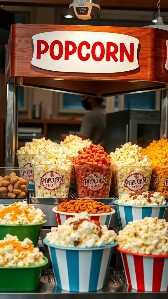 A colorful popcorn bar with various flavors and toppings for a kids' birthday party.